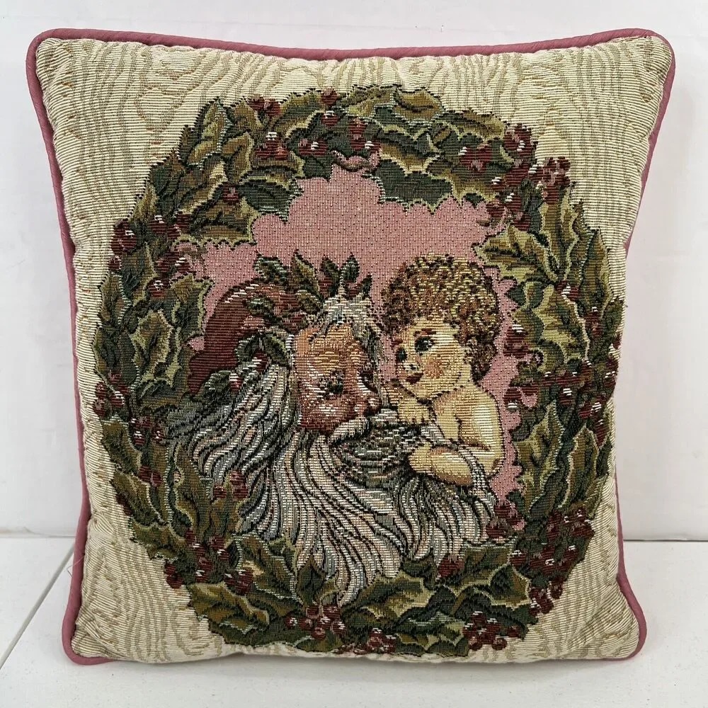 Vintage Needlepoint Christmas Pillow Old World‎ Santa Angel Cherub Pink Wreath